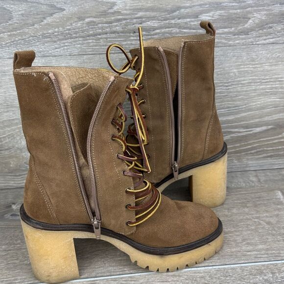 Free People Dylan Lace Up Taupe Brown Leather Tall Chunky Y2K 9-Eye Heeled Boots - Picture 11 of 13